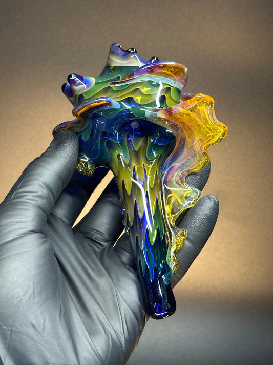 Blown Glass Functional Conch Shell in Drippy Fume over Cobalt