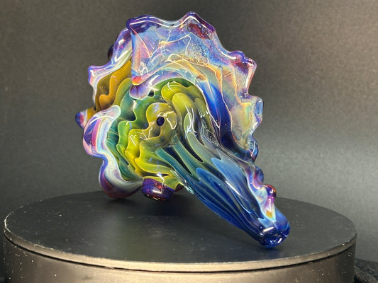 Blown Glass Functional Conch Shell in Drippy Fume over Cobalt